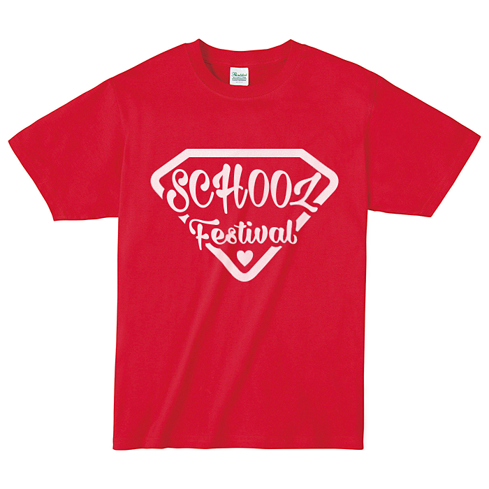 文化祭で目立つように赤色Tシャツに白色で1色プリント