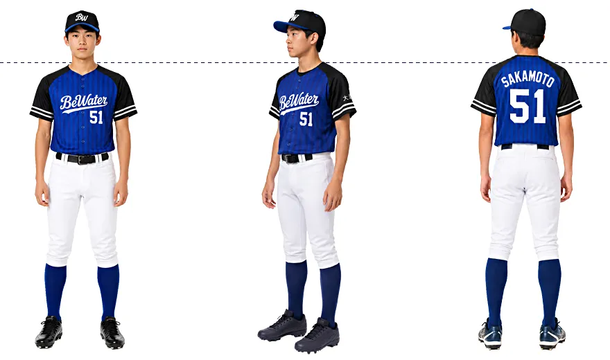 身長176cm、体重65kgの男性にLサイズのオリジナルベースボールシャツ